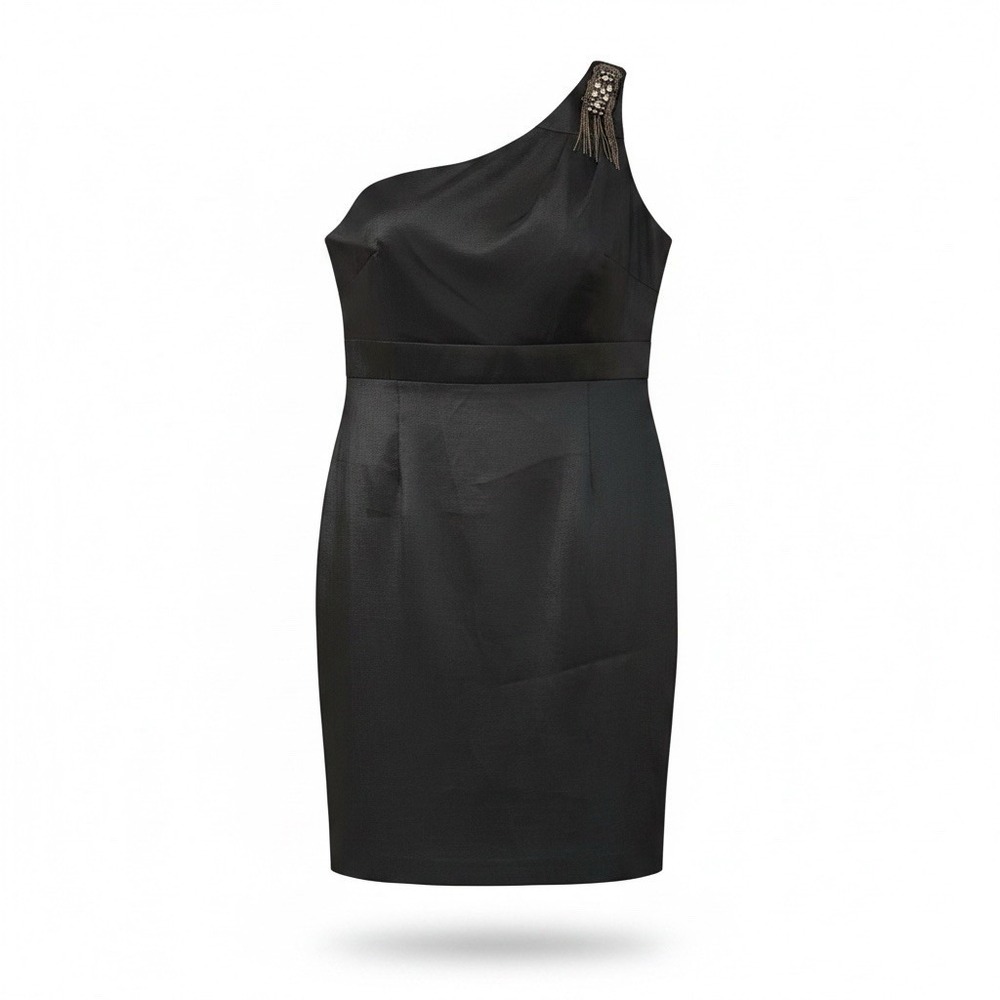 Emma & Michele One-Shoulder Beaded Mini Dress Women’s Size 14 Black Side-Zip NWT